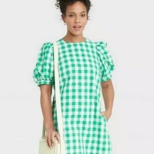 A NEW DAY Women's Green and White Gingham Plaid Puff Short Sleeve Dress Sz S